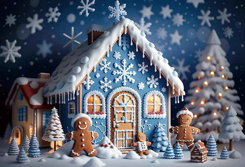 Mehofond-fundo de Fotografia para Crianças Natal Blue Gingerbread House Neve Natal Decoração do Retrato Familiar Pano de Fundo Inverno - Image 2