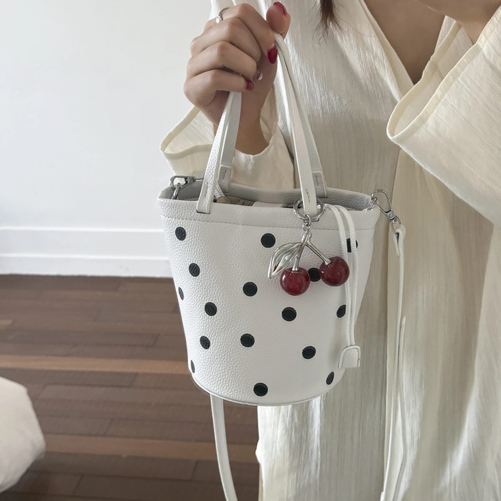 Women PU Leather Polka Dot Buckle Shoulder Bag Bubble Tea Polka Dot Bucket Bag Shoulder Crossbody Bag for Work & Outing