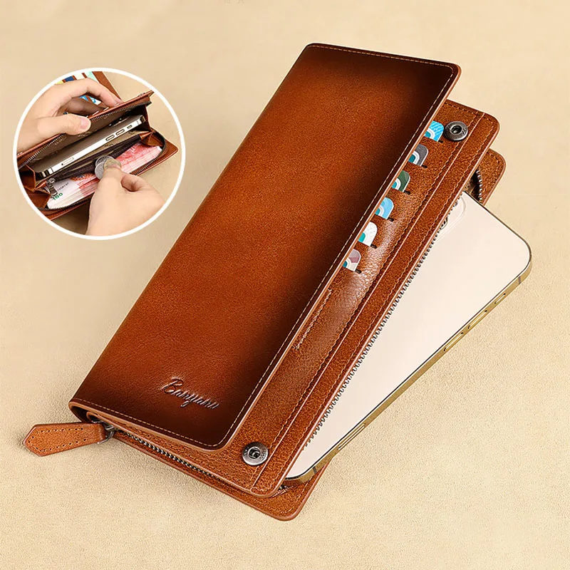 Genuine leather men purse the first layer of cowhide retro business long style with buckle multi clip cowhide handbag new style
