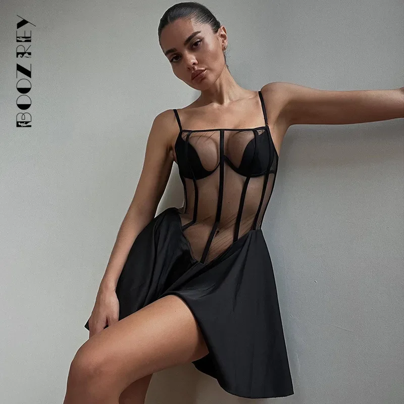 

BoozRey Sexy See Through Mesh Strapless Mini Dress Women Slim Girdle Pleated A-line Vestdido Spring Fall Party Evening Dresses