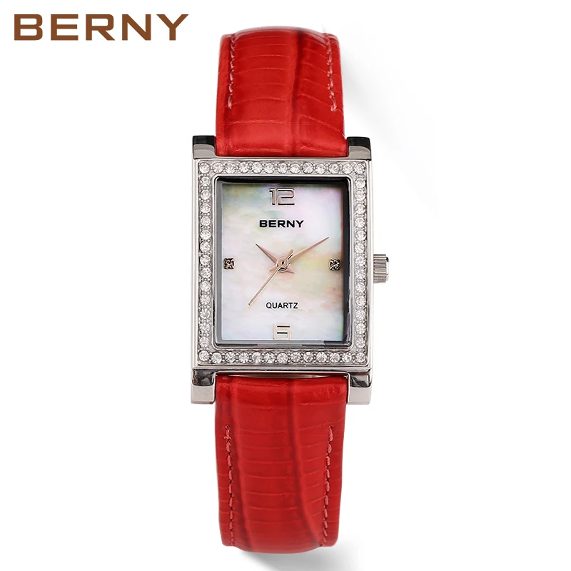 Berny Luxus Quarz Frauen Uhr Rechteck Edelstahl Marke Mode Leder wasserdichte Kleid Uhren weibliche Uhr Armbanduhr
