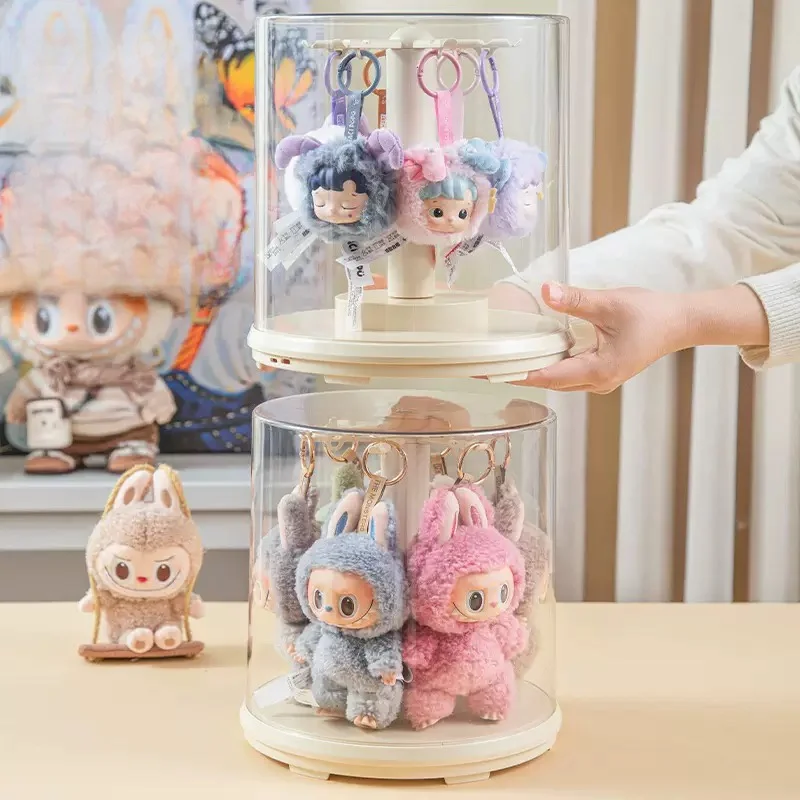 Transparent Rotatable Labubu Figurine Display Box Dustproof Storage Holder Home Decor Adult PVC Crt Organizer Display Stand