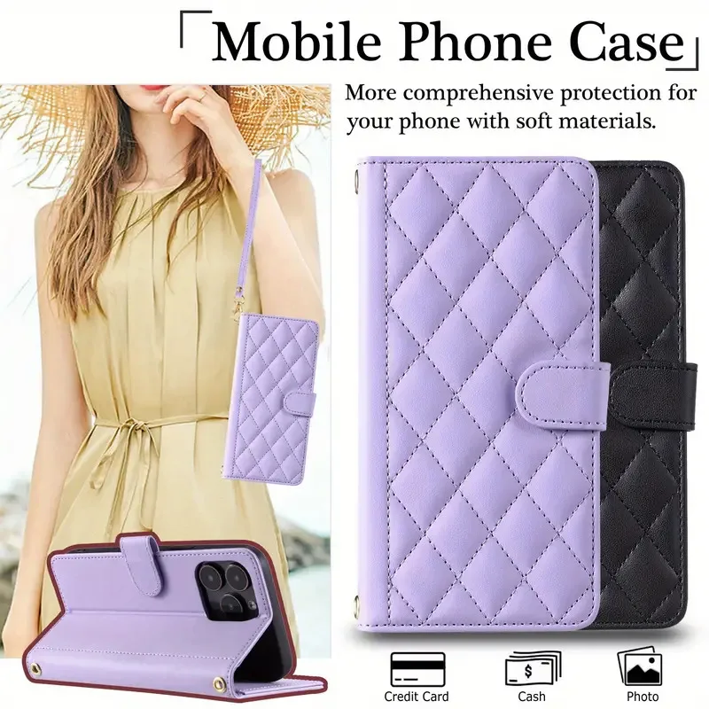 Luxus Kariert Lieder Telefonshülle fir Samsung Galaxy A06 A05 A05S A04 A04S A14 A24 A34 A54 Kaarteslot Lanyard Flip Portemonnaie Cover_voghion.com