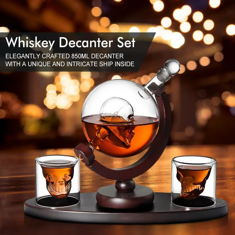 

Whiskey Decanter Set Skull Vodka Globe Decanter With 2 Glasses Liquor Dispenser With Wood Stand For Bar Bourbon