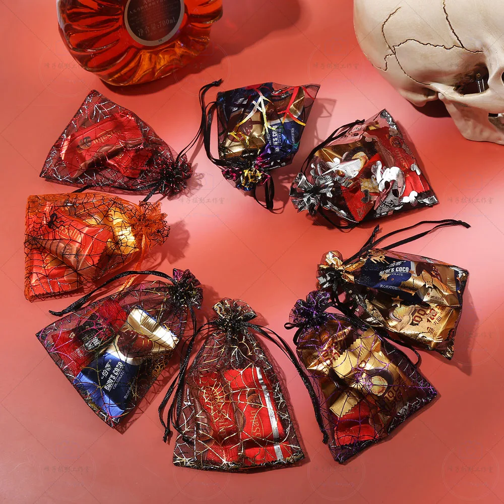 100pcs/lot 10x14cm Pumpkin Lantern Spider Organza Drawstring Pouch Halloween Gift Carnival Night Candy Packaging Bags