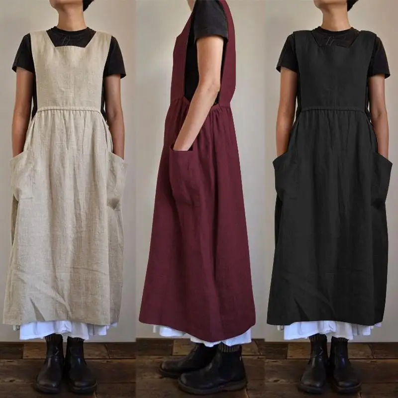 Cotton Linen Apron Dress For Women Casual Homewear