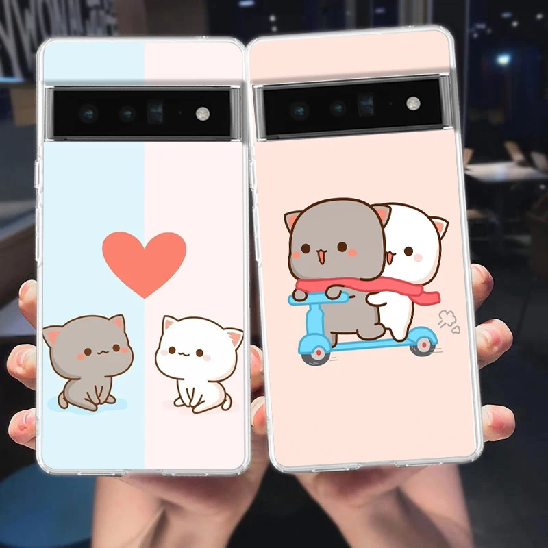 Adorable Cartoon Cat Couple Soft Silicone Phone Case - Clear TPU Cover