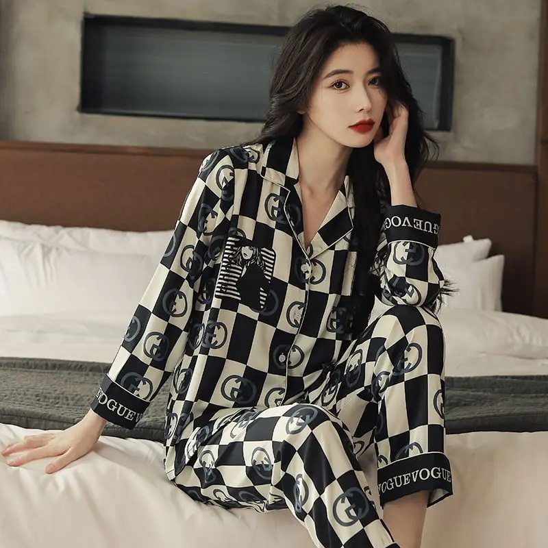 Female Pajamas Spring Autumn Ice Silk Long Sleeve Thin Cardigan Sleepwear Suit Women Large Size High-Grade Light Luxury Homewear