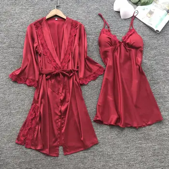2PCS Leepwear 여성 잠옷 세트 새틴 홈 잠옷 레이스 로브 수면 세트 V-Neck 웨딩 나이트웨어 Nighty & Rob