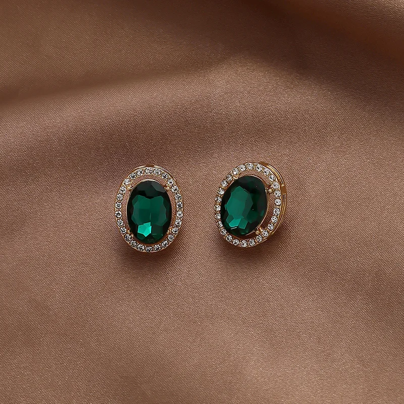 

European and American Women Emerald Rhinestone Geometric Ear Studs Ins Small Special Interest Earrings