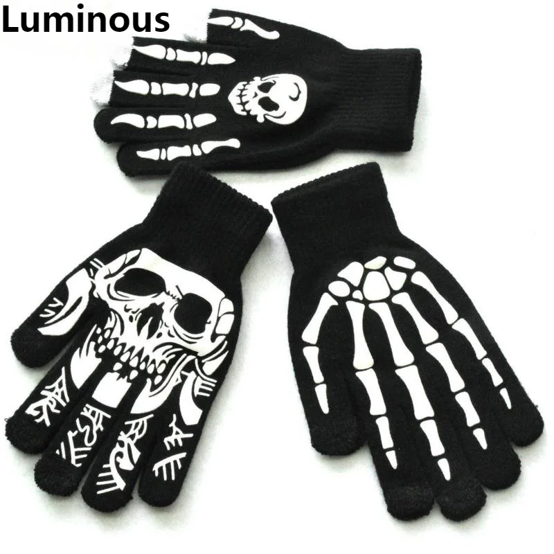 Warm Gloves For Adult Halloween Skull Ghost Claw Printed Fluorescent Luminous Gloves Outdoor Riding Warm Knitted Mittens