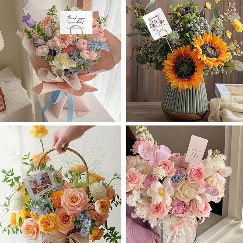 New Floral Greeting Card Holder Stick Flower Bouquet Cake Card Stick Clips Heart Round Shape for Wedding Party Wrapping Supplies
