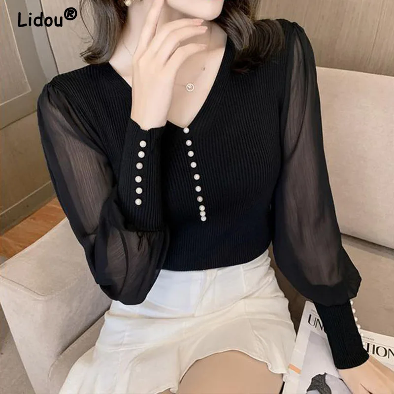 Women\'s Chiffon Splicing Knitted Pullovers, Office Lady Shirt, Women\'s Clothing, Chic T-Shirt, Tops, Summer, Autumn, 2024, New