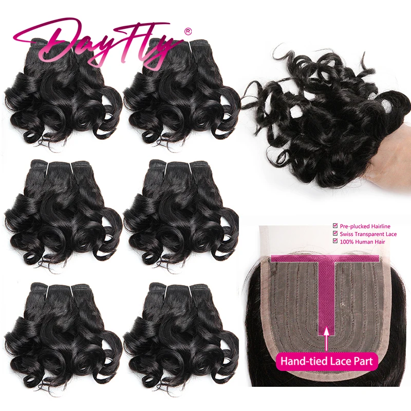 Brazilian Hair Weaving Bundles 4x1 T Part Closure 6 Extensions with Closure Bouncy Curly Human Hair Bundles