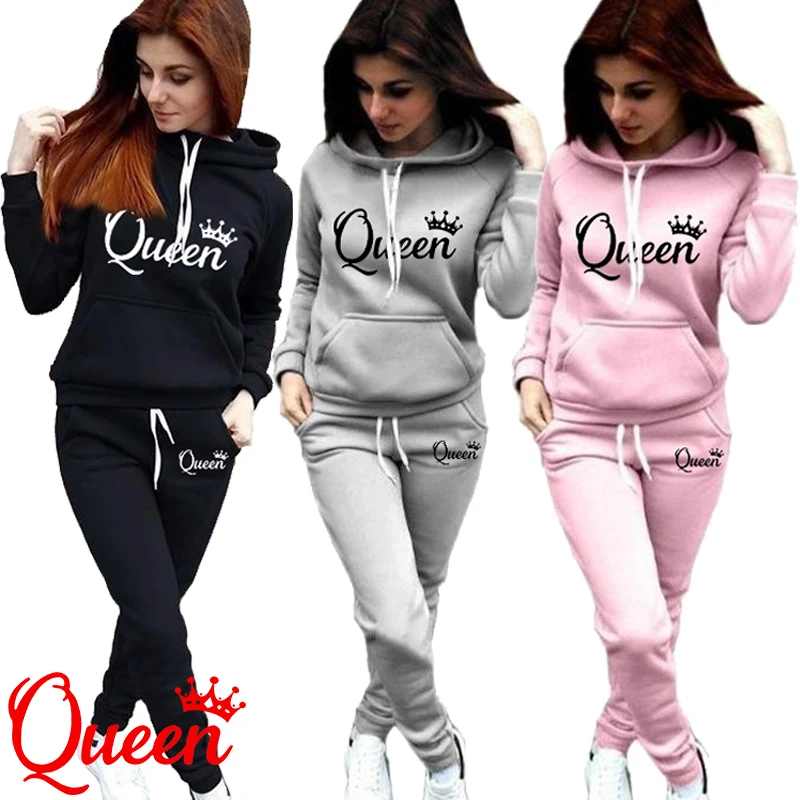 Women's Fashion Hoodie Suits Classic Queen Logo Printed Sweatshirts+ Long Pants Sets Hooded Tracksuit Outfits