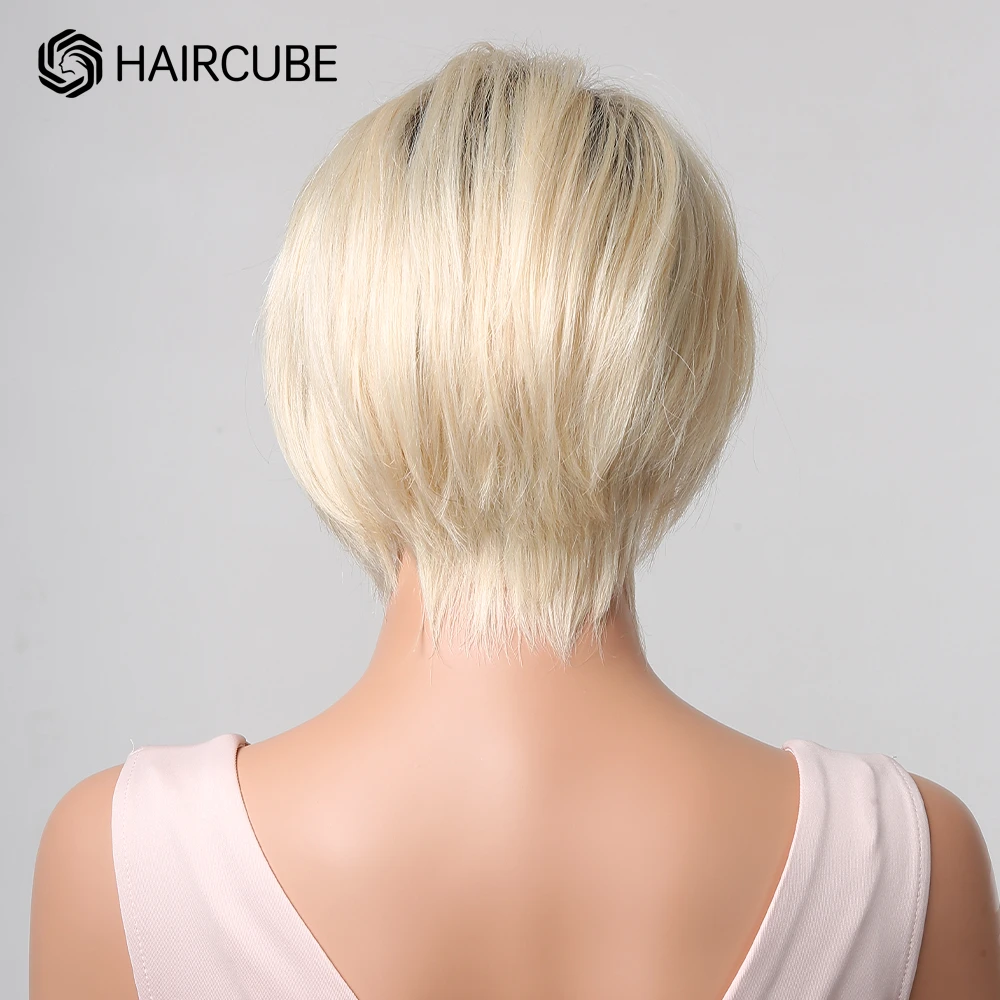 HAIRCUBE Platinum Blonde Short Pixie Cut Lace Front Human Hair Wig Side Part Natural Ombre Straight Remy Hair Wigs for Women