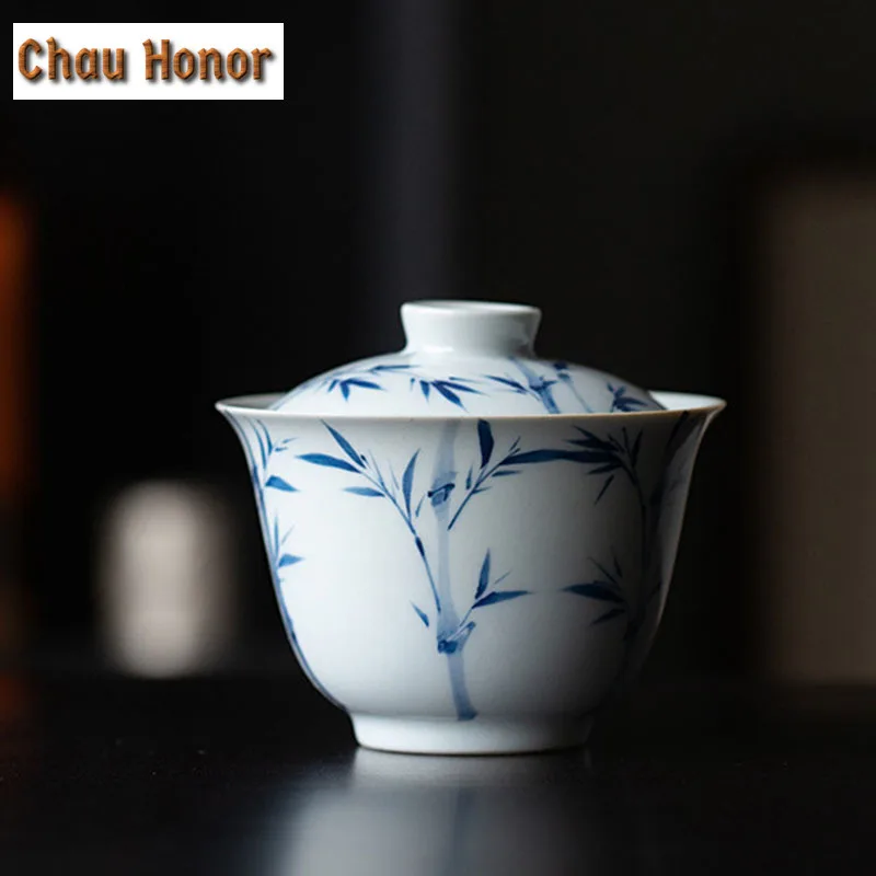 125ml Boutique Pure Hand-painted Green Bamboo Art Tea Tureen Small Hand Grasping Bowl With Cover Kung Fu Tea Maker Zen Gaiwan