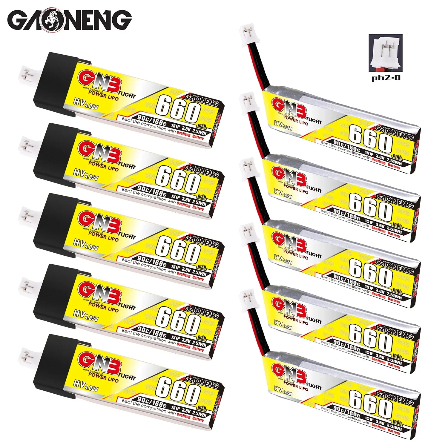 

5PCS Gaoneng GNB 660mAh 3.8V 1S 90C/180C HV 4.35V Light Weight Lipo Battery PH2.0 Plug For Emax Tinyhawk Kingkong LDARC TINY7