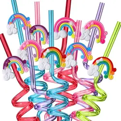 Multiple-Topic Straw Reusable Rainbow Drinking Plastic Straws Unicor Animals Racing Car Birthday Party Favors Decorations