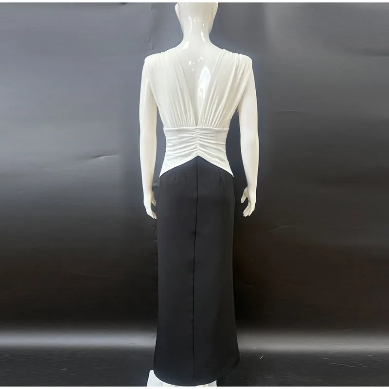 Vestido elegante sin mangas con escote en V profundo y patchwork para mujer, vestido plisado sin espalda, ajustado, para fiesta de verano 2025, para mujer, de noche.