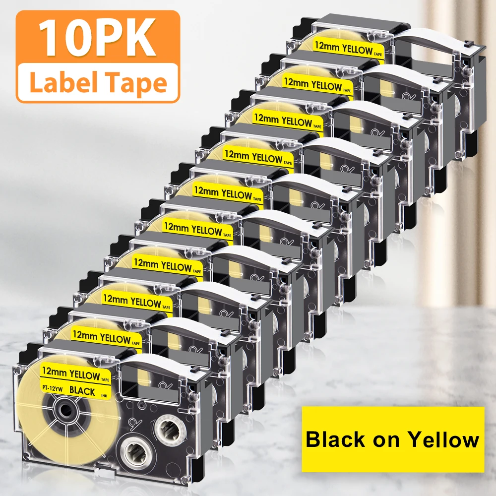 

10PK XR-12YW Compatible Casio 12mm Label Tape XR-12WE XR12WE XR-12X XR-12RD XR-12ABK for Casio KL-60 KL-120 KL-100 Label Maker