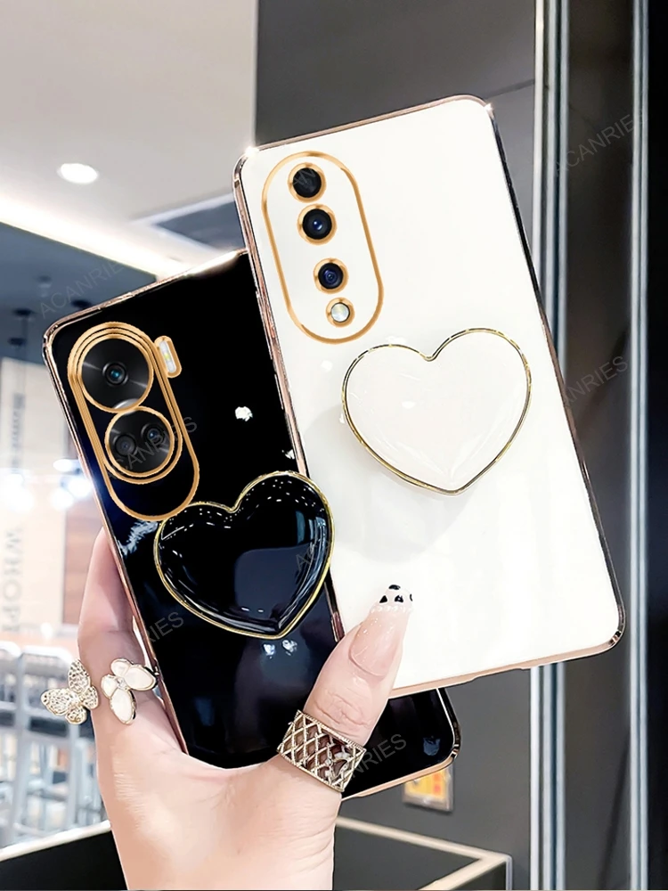 Luxury Plating Love Heart Stand Silicone Phone Case with Holder