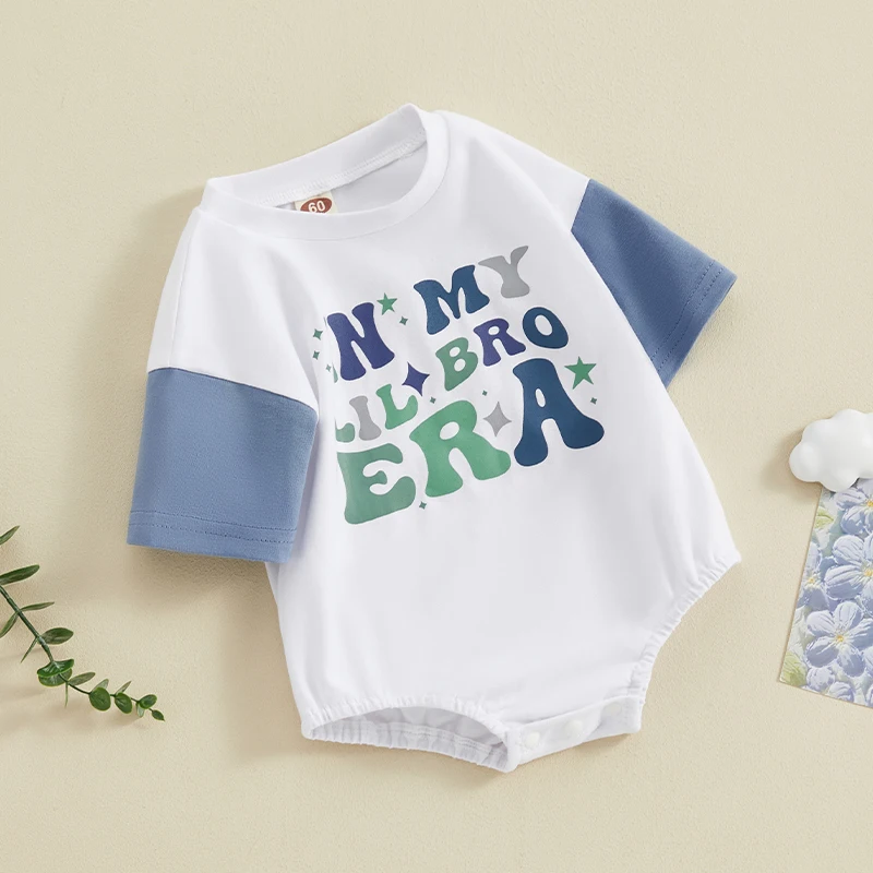 

Baby Boy Little Brother Romper Short Sleeve Round Neck Letter Star Print Contrast Color Jumpsuit Infant Toddler Cloth for Summer