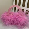 Pearl Bead Bag With Ostrich Feather Fur Designer Brand Clear Acrylic Crystal Stone Box Tote Handbag Women Handmade Party Purse 6