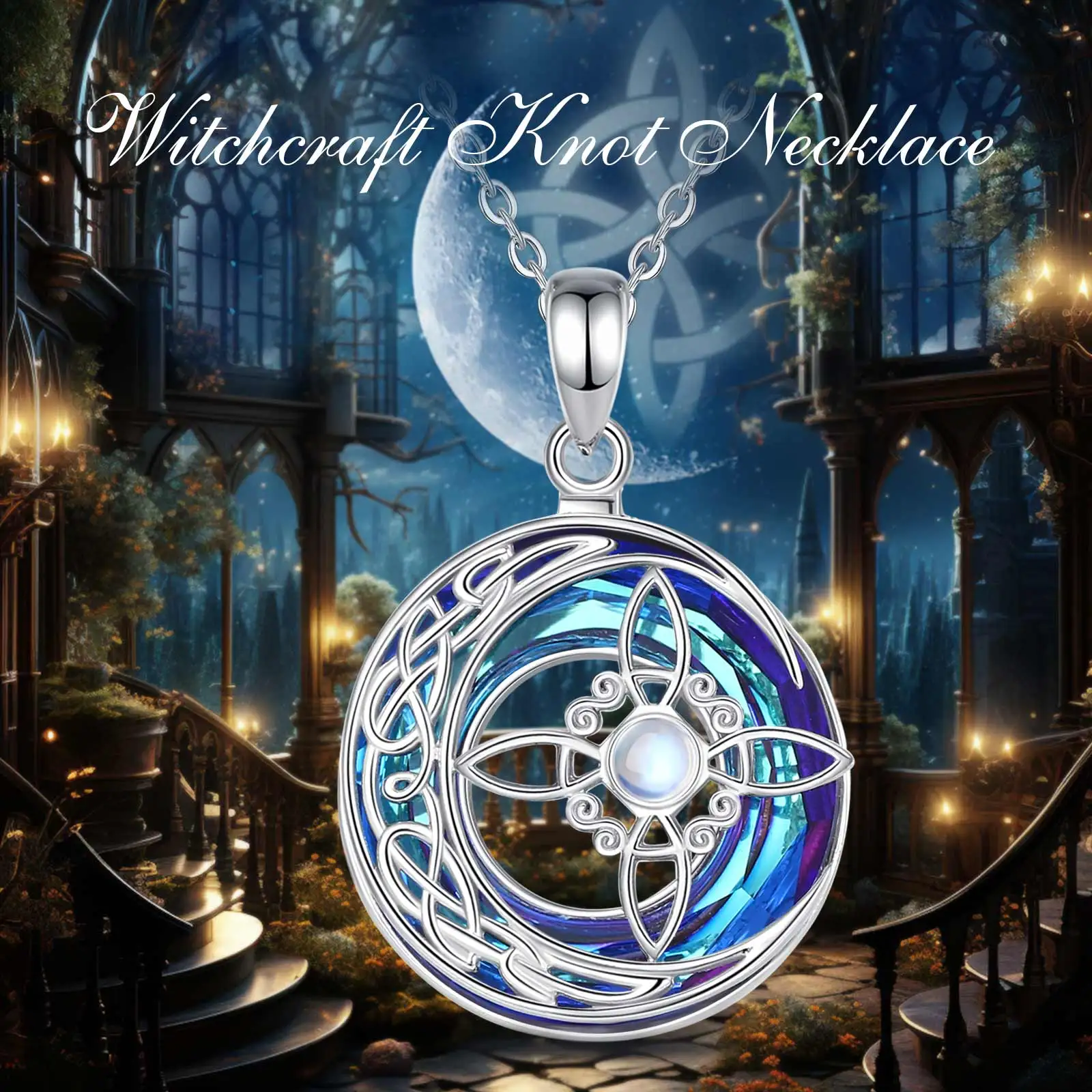 925 Sterling Silver Witch Knot Necklace Austrian Crystal Moonstone Knot Amulet Necklaces for Men Women,pendant necklace