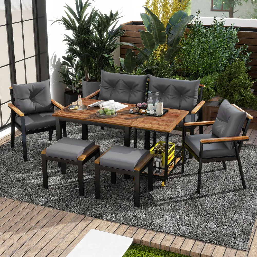 PINGGO 6-7-Sitzer Garten-Essgruppe mit Stühlen und abnehmbarem Servierwagen, Akazienholz-Tisch- und Hocker-Set mit abnehmbaren Elementen – Detail 8