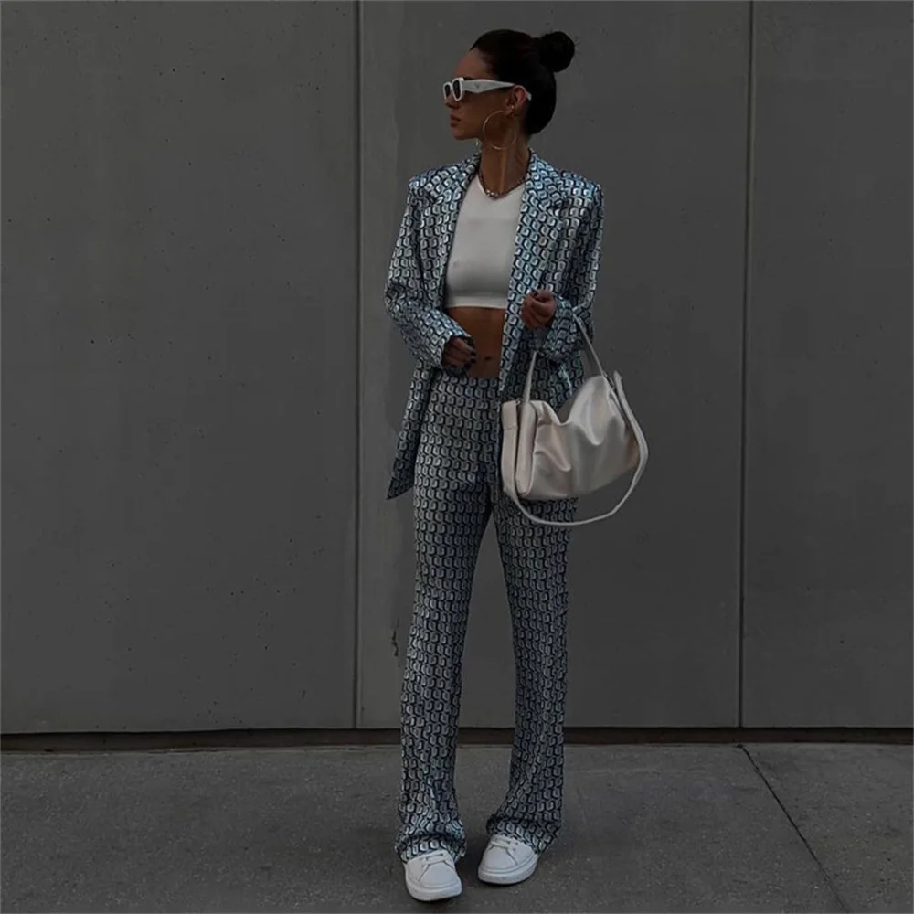Elegant Women's Print 2 Piece Set 2023 New in Blazers + Flare Pant Suit Street Style Female Clothing Lady Formal Pant Sets