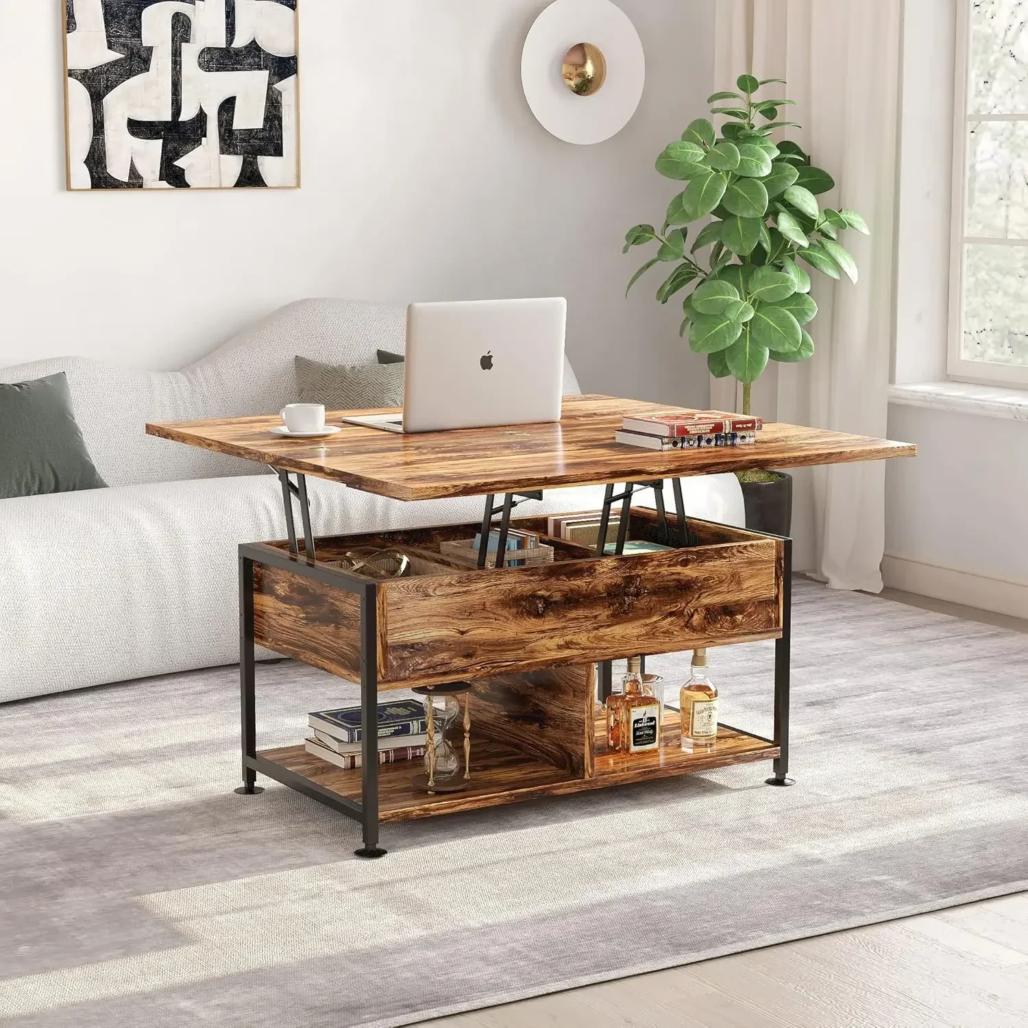 Lift Top Coffee Table,4 in 1 Multi-Function,Modern Lift Tabletop Dining Table for Living Room Reception/Home Office,Rustic Brown 2