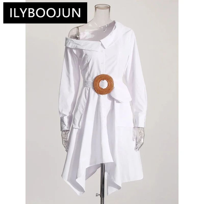 

ILYBOOJUN Solid Patchwork Belt Dress For Women Diagonal Collar Long Sleeve High Waist Irregular Hem Minimalist Dresses Female