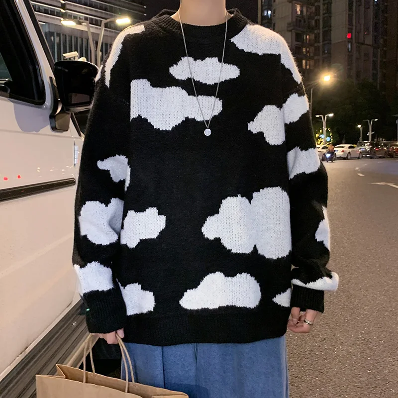 

Knitted Sweaters Male Clouds Pattern Oversize Jumpers New Hip Hop Streetwear Casual All-match Couple College Knitwear Pullover