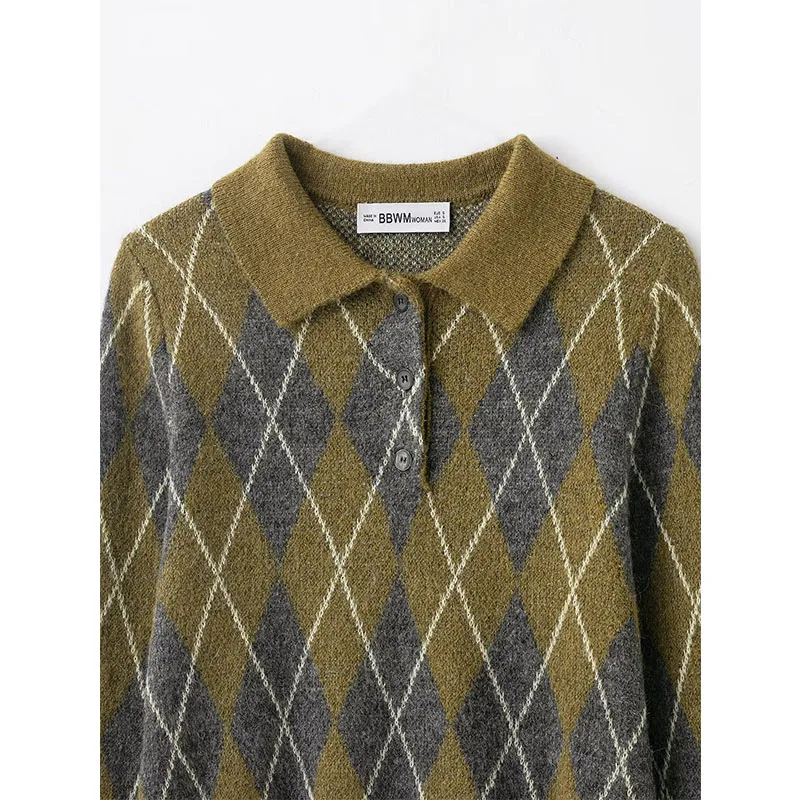 Vintage Casual Chic Women Sweater Argyle Long Sleeve Knitted Pullover Top Fashion 2025 Autumn Winter Short Sweater