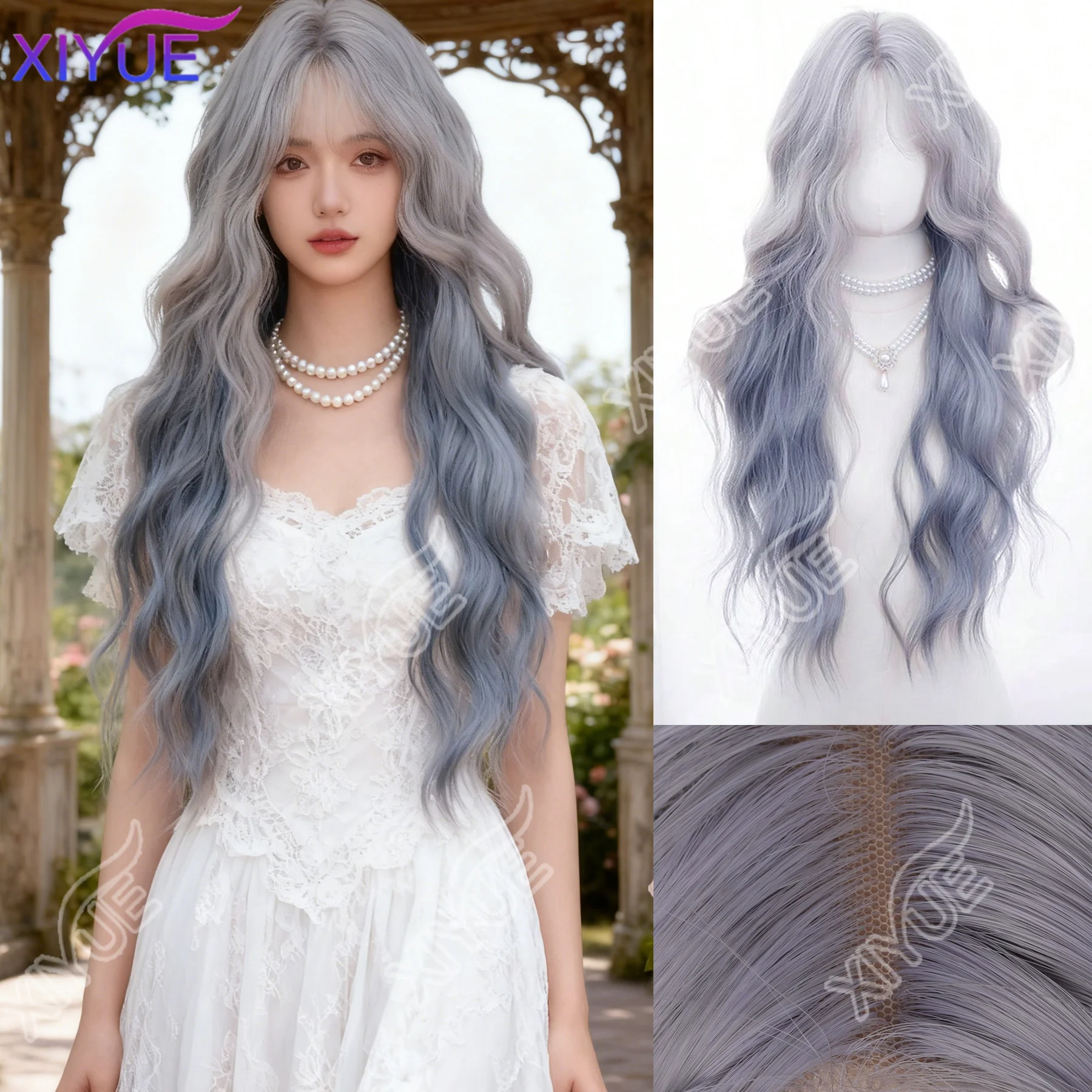 XIYUE Forehead Lace Long Wavy Wigs Hair, Gradient Grayish-Blue 30 Inch Semi Woven Daily Natural, Smooth And Realistic Wig