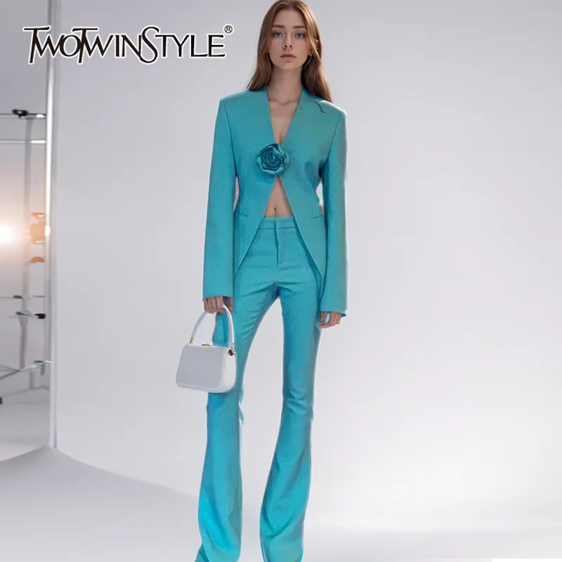 

TWOTWINSTYLE Spliced Appliques Two Piece Set For Women V Neck Long Sleeve Top High Waist Loose Pant Chic Sets Female KSE504540