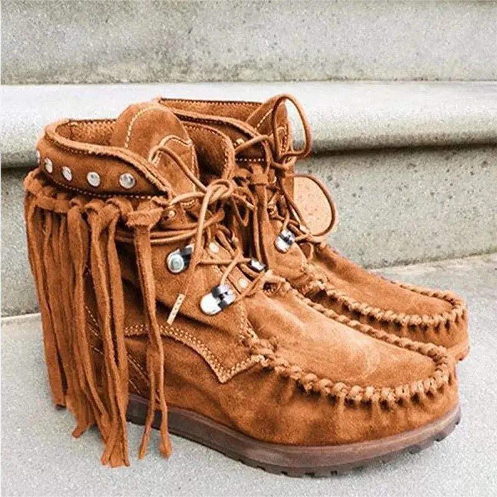 

Women's Moccasin Boots Winter Warm Retro Flat Suede Fringed Ankle Booties Lace Up Tassel Ladies Shoes