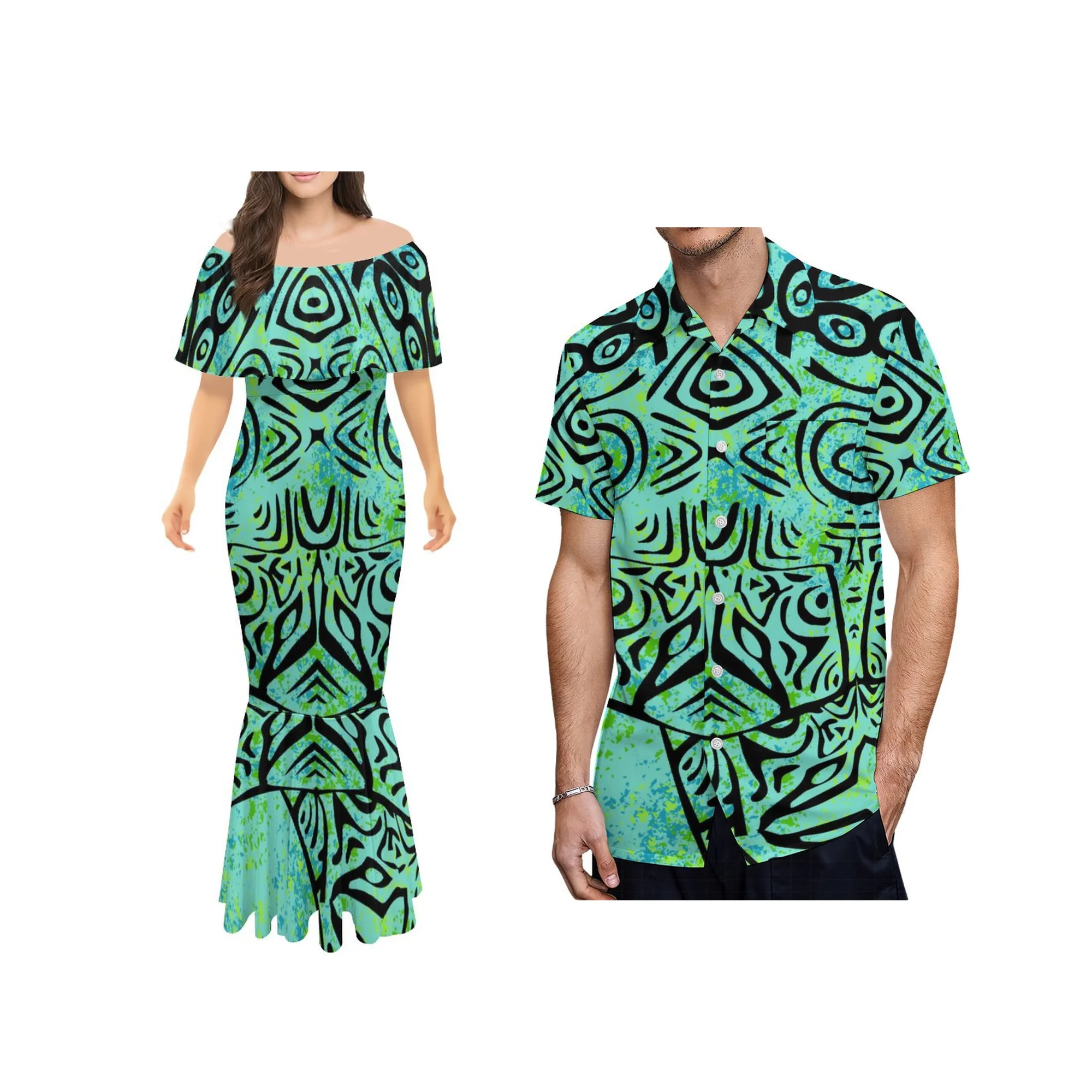 

Plus Size 7XL Women's Long Fishtail Dress Polynesian Tribal Sublimation Print Lady Party Mermaid Dress One Shoulder Maxi Dresses