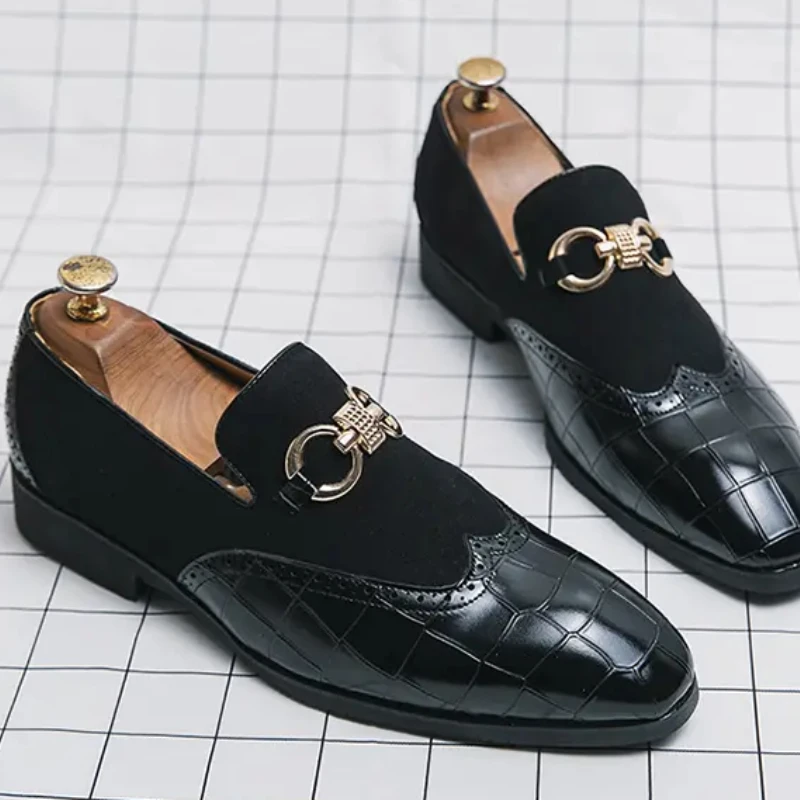 Loafers Men PU Patchwork Embossed Leather Shoes with Horseshoe Buckle Decoration Business Dress Shoes Fashion Men Single Shoes