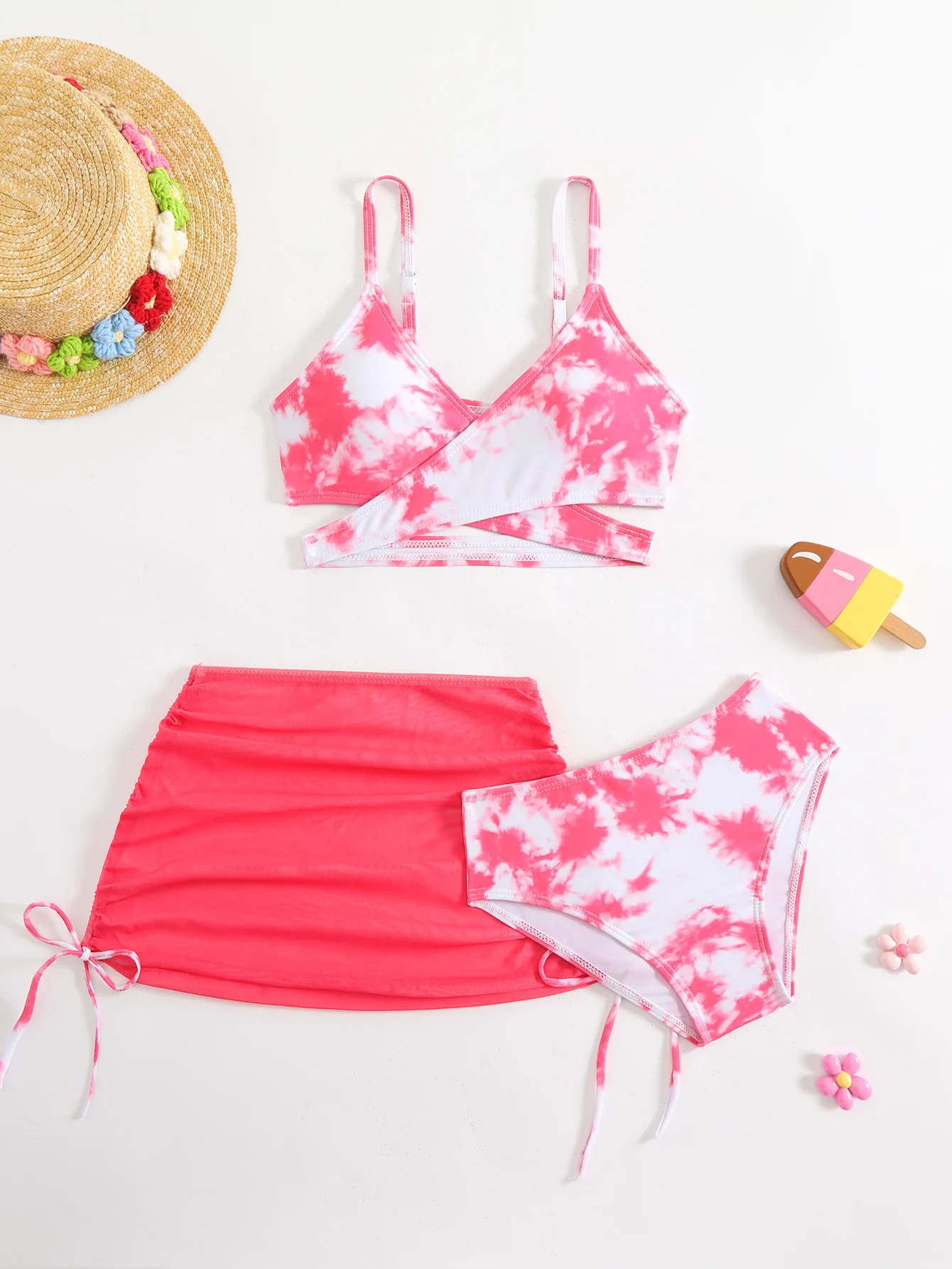 3pcs Swimming Suit for Girls Summer Beach Dress Swimsuit Tie-dye Printed Skirted Bikini Set Kids Bathing Suit