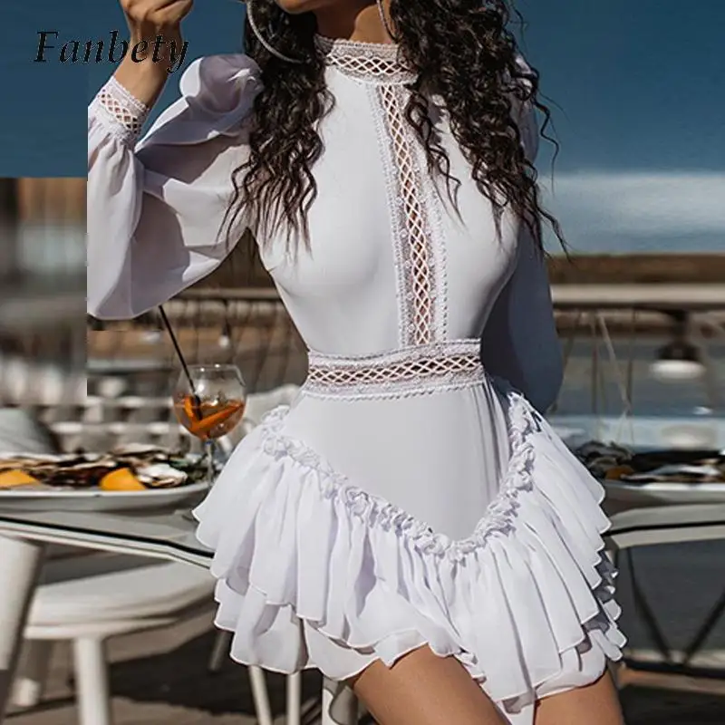 

Весеннее платье с длинными рукавами-фонариками для танцев, сексуальное кружевное лоскутное ажурное мини-платье, белое однотонное Сетчатое многослойное платье с оборками