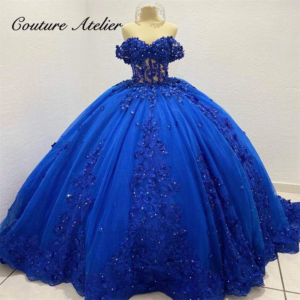 Quinceanera Dresses Royal Blue Lace Appliques Quinceanera Dresses Ball Gown Birthday Gowns Off The Shoulder Corset Sweet 16 Dresses