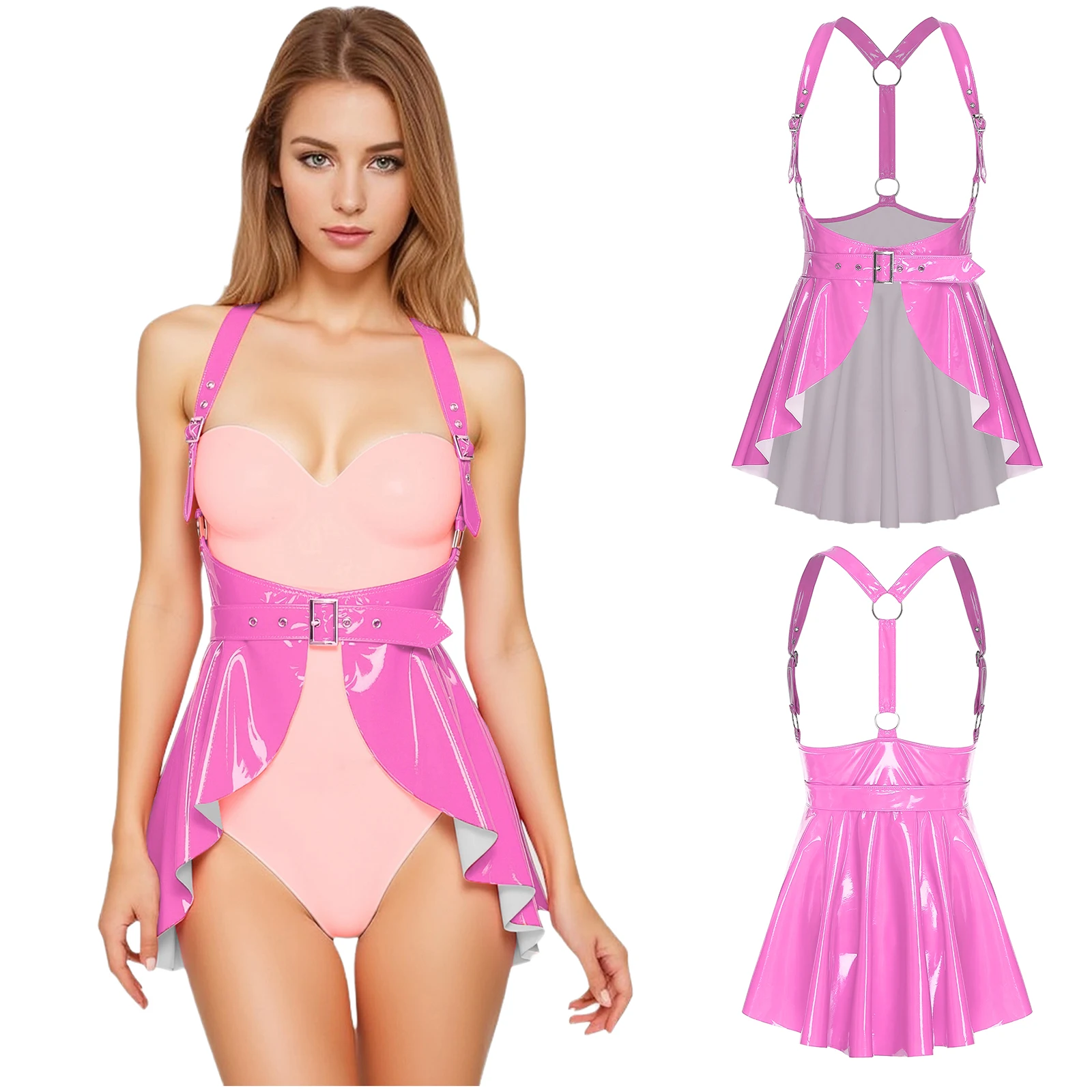 Adult Women Wet Look PU Leather Suspenders Dress Y-back Pleated Garter Miniskirt And Belt for Rave Party Raves Dance Dress