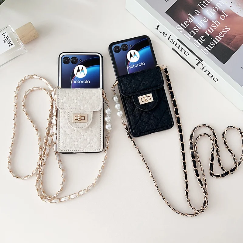 

With Strap With Card Holder Bumper Flip Casing for Moto Razr 40 Ultra With Card Slot PC Razr40 Ultra With Lace Phone Case