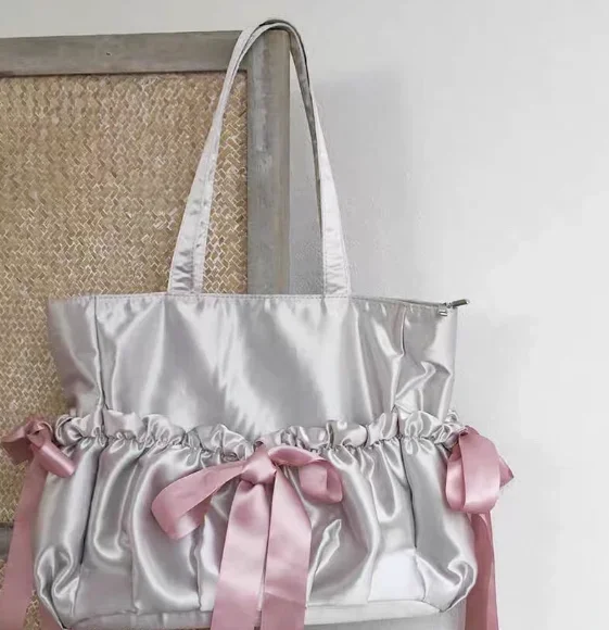 2024 New Spring Autumn Ladies' Hangbags Satin Japanese Style Pleated Bow Shoulder Bag Sweet Cute Large Capacity Bags for Women