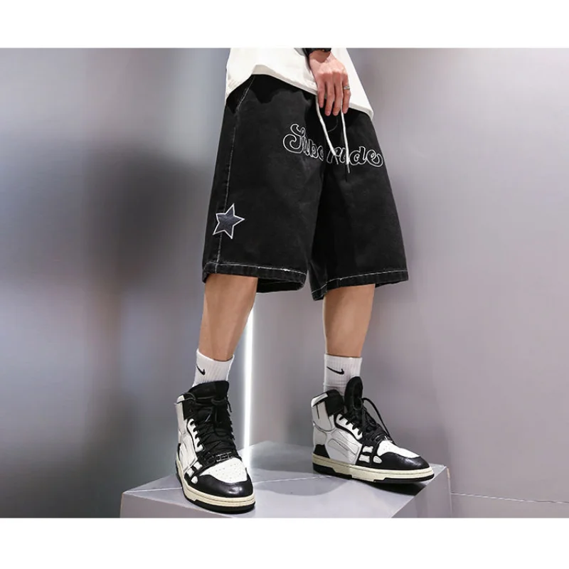 Women's Loose High Street Sports Pants, Women's Short Jeans, American Style, Embroidery, Denim, Y2k Clothing, Summer