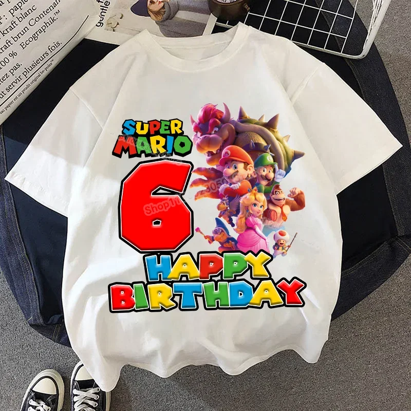 Super Mario Bros Movie Kids Birthday T Shirt Baby Boys Girls Number Clothes Toddler Cotton Tee Shirts Summer Short Sleeve Tops