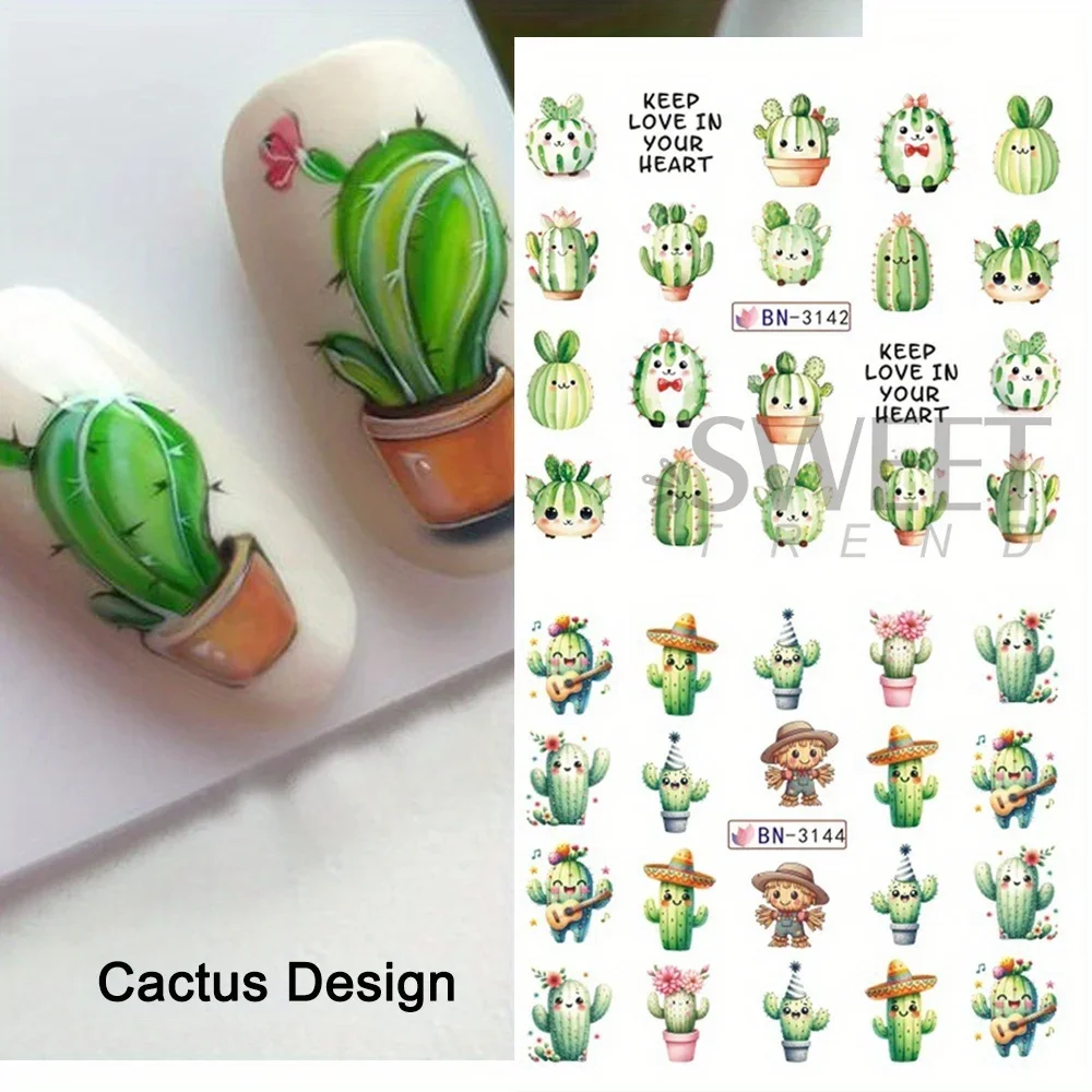 12 Design Green Cactus Nail Art Water Sticker Decal For Nail Art Decoration Plant Spring Cute Cactus Leaves Design Manicure Tips