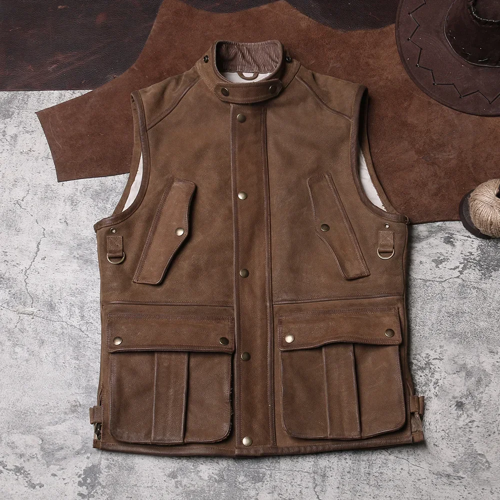 

Outdoor Workwear Leather Vest, Retro Hunting Suit with Multiple Pockets, Cowhide Vest, Men's Genuine Leather Sleeveless